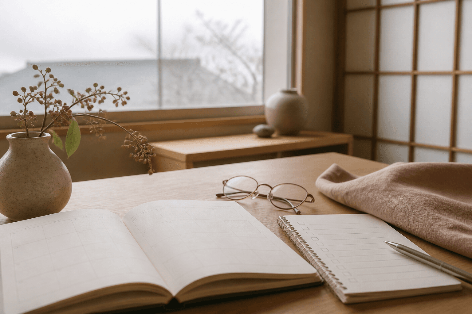 相続手続の予定を書き留めるノートと眼鏡